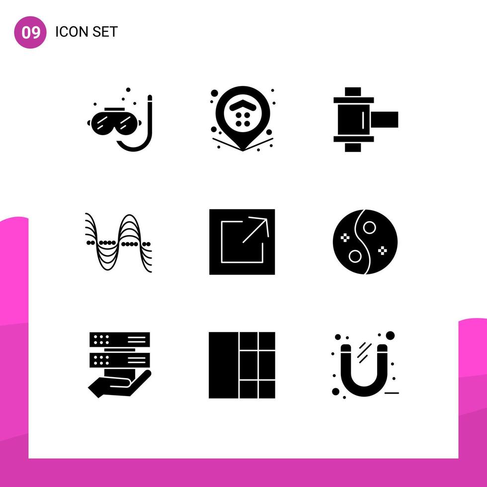 Gruppe von 9 modernen soliden Glyphen, die für Link-Soundfilm-Druckhertz-editierbare Vektordesign-Elemente gesetzt werden vektor