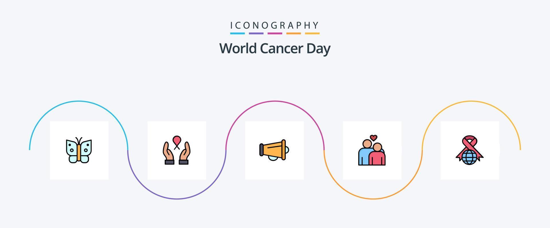 värld cancer dag linje fylld platt 5 ikon packa Inklusive högtalare. meddela. bröst cancer. megafon. cancer vektor