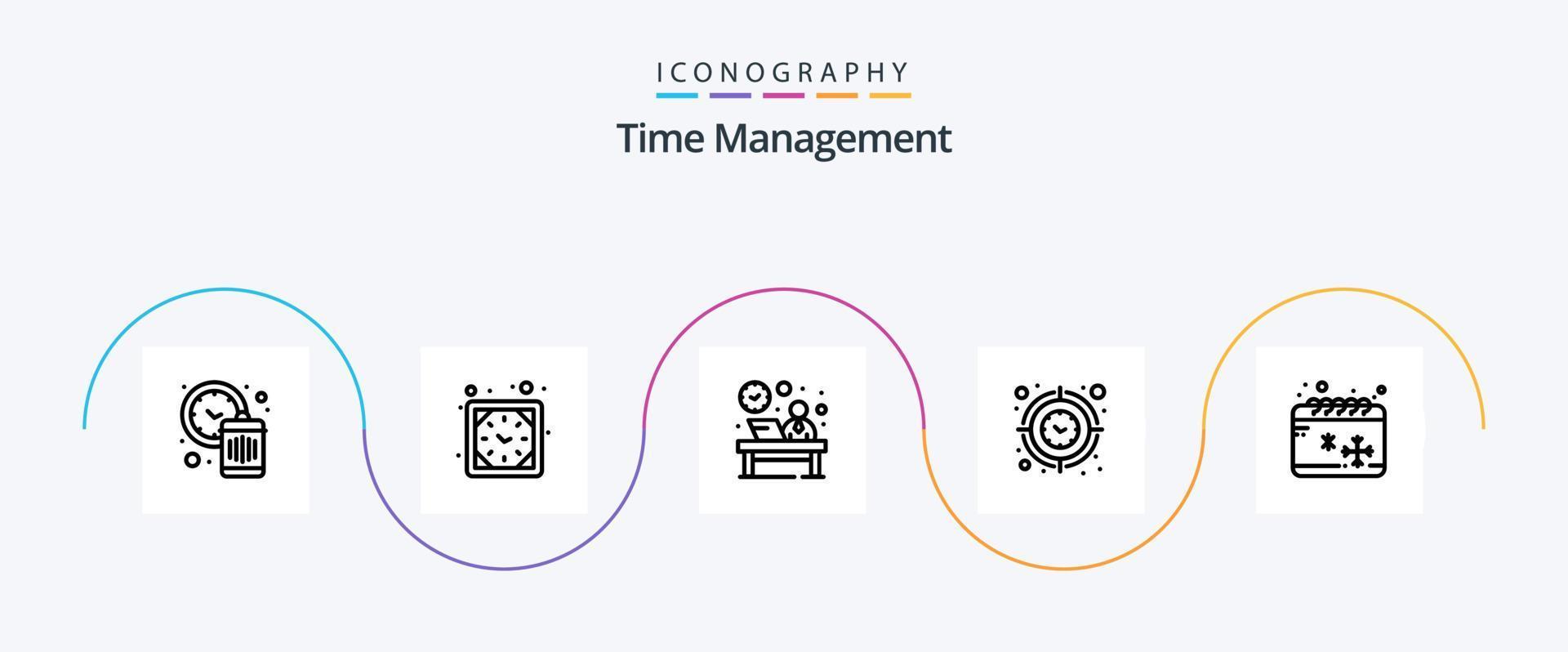 Zeitmanagement Line 5 Icon Pack inklusive Timer. Ziel. Schreibtisch. Fokus. Rezeption vektor