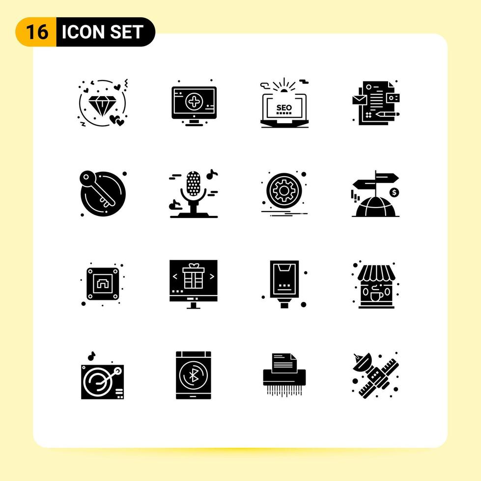 moderner satz von 16 soliden glyphen und symbolen wie schlüssel tür laptop id bearbeitbare vektordesignelemente für unternehmen vektor