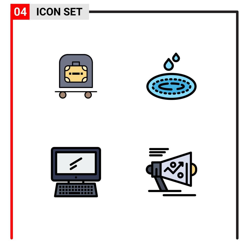 universelle Symbolsymbole Gruppe von 4 modernen Filledline-Flachfarben von Hotelmonitor-Taschenabsenkung imac editierbare Vektordesign-Elemente vektor