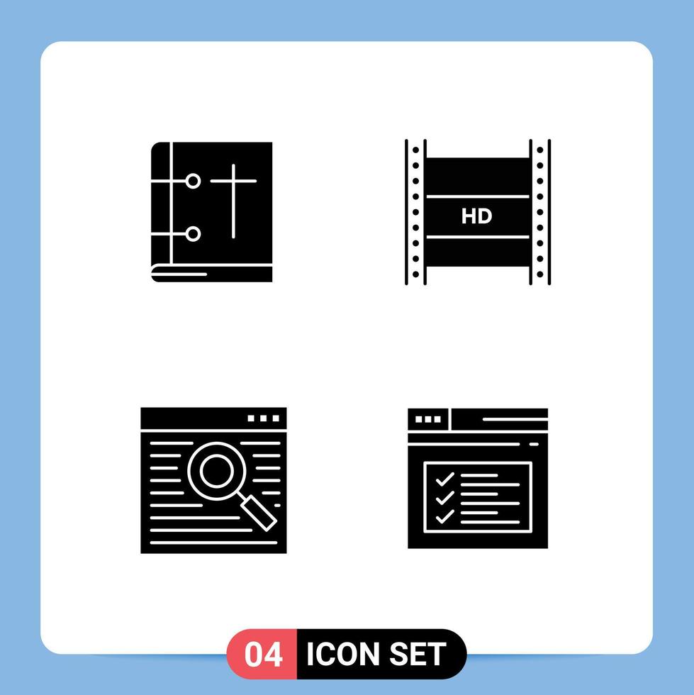 uppsättning av 4 vektor fast glyfer på rutnät för bibel hög helig bok hd filma browser redigerbar vektor design element