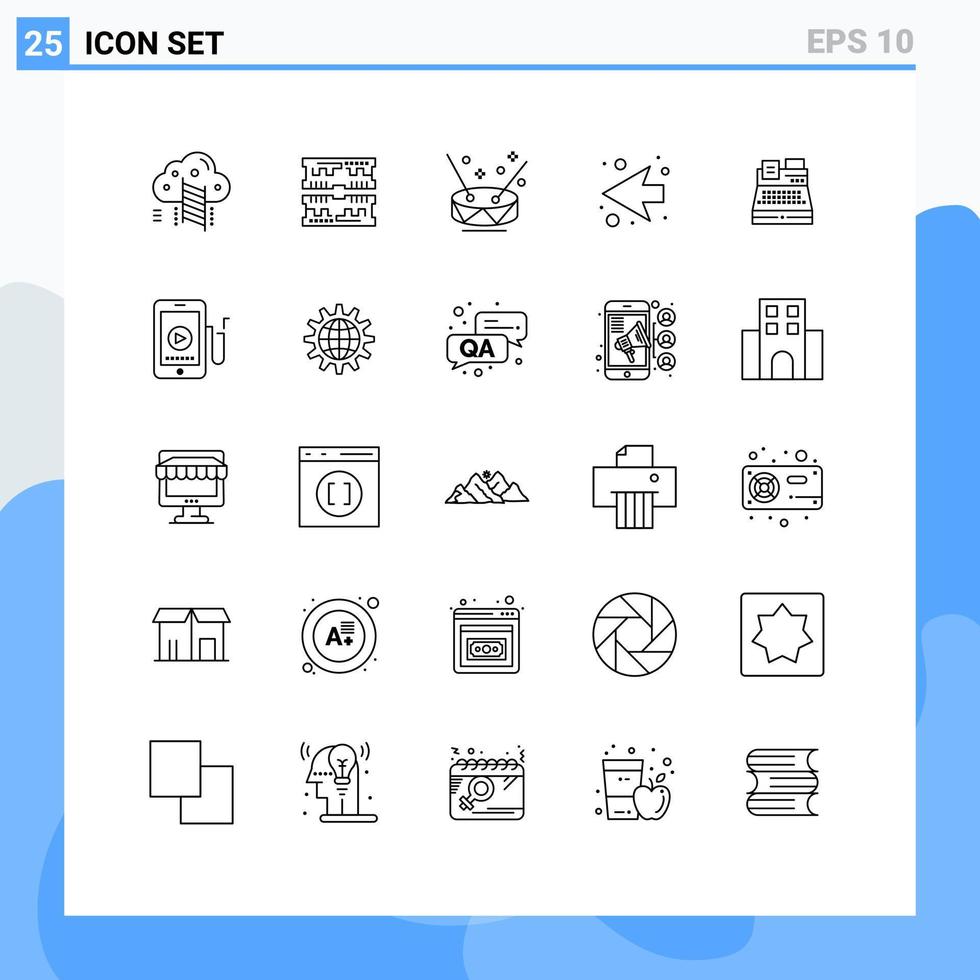 Packung mit 25 modernen Linienzeichen und Symbolen für Web-Printmedien wie Drucker-Faxtrommel linker Pfeil editierbare Vektordesign-Elemente vektor