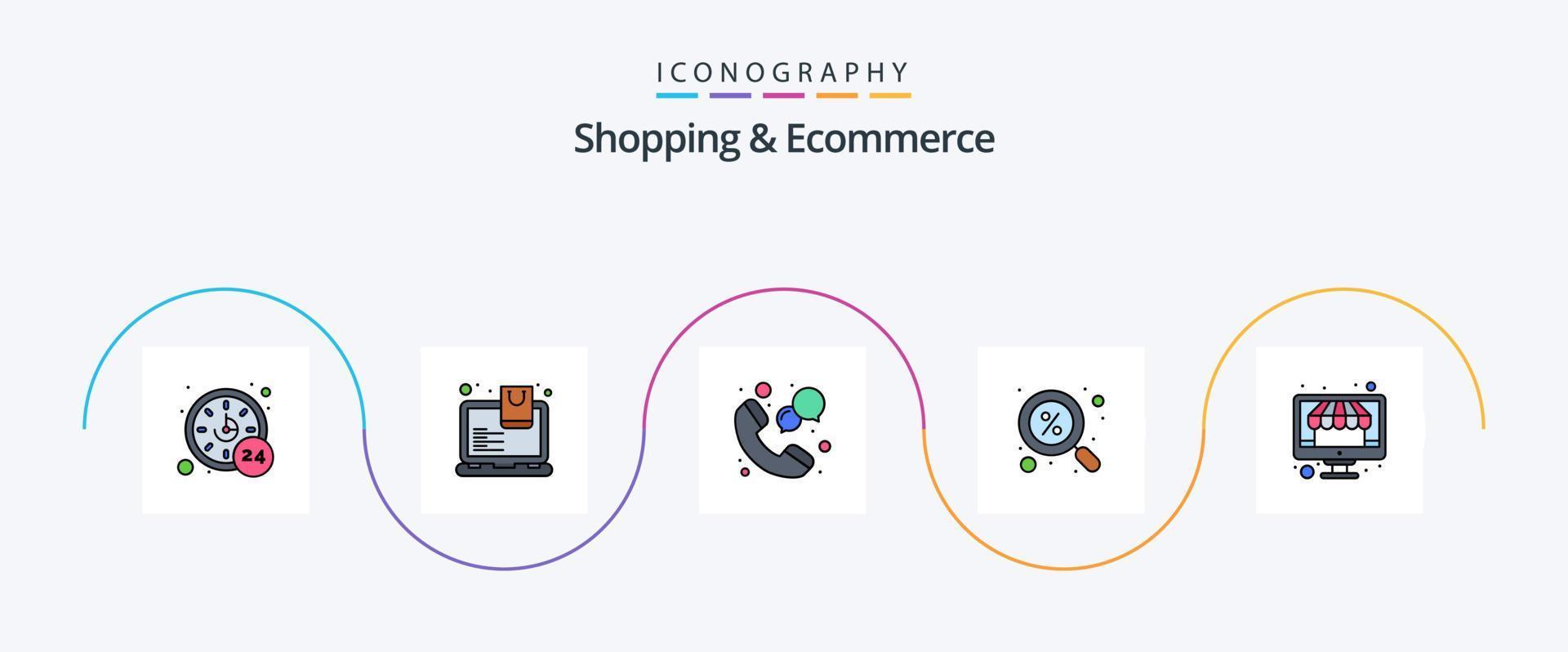 handla och e-handel linje fylld platt 5 ikon packa Inklusive affär. Sök. ringa upp. hitta. rabatt vektor