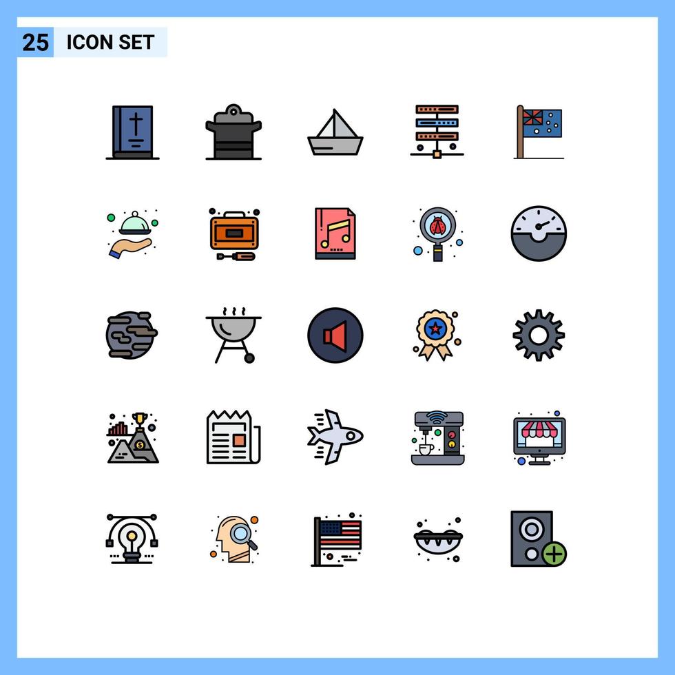 uppsättning av 25 vektor fylld linje platt färger på rutnät för server värd pott data fordon redigerbar vektor design element