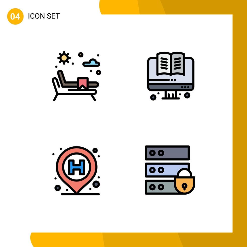 piktogram uppsättning av 4 enkel fylld linje platt färger av solstol tecken uppkopplad sjukhus elektronisk redigerbar vektor design element