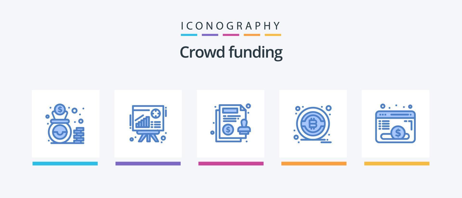 crowdfunding blå 5 ikon packa Inklusive hemsida. webbläsare. avtal. btc. bitcoin. kreativ ikoner design vektor