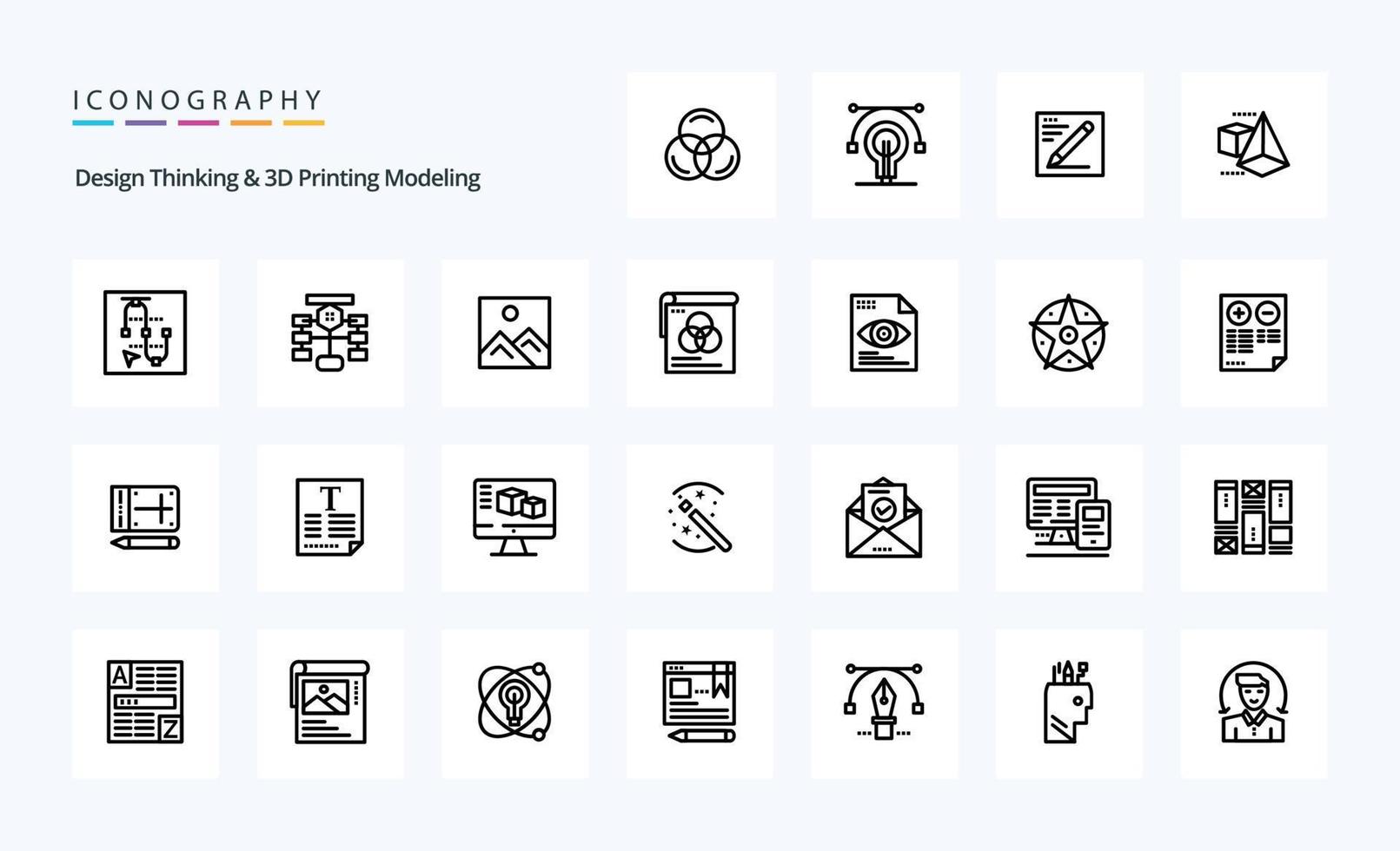 25 design tänkande och d utskrift modellering linje ikon packa vektor