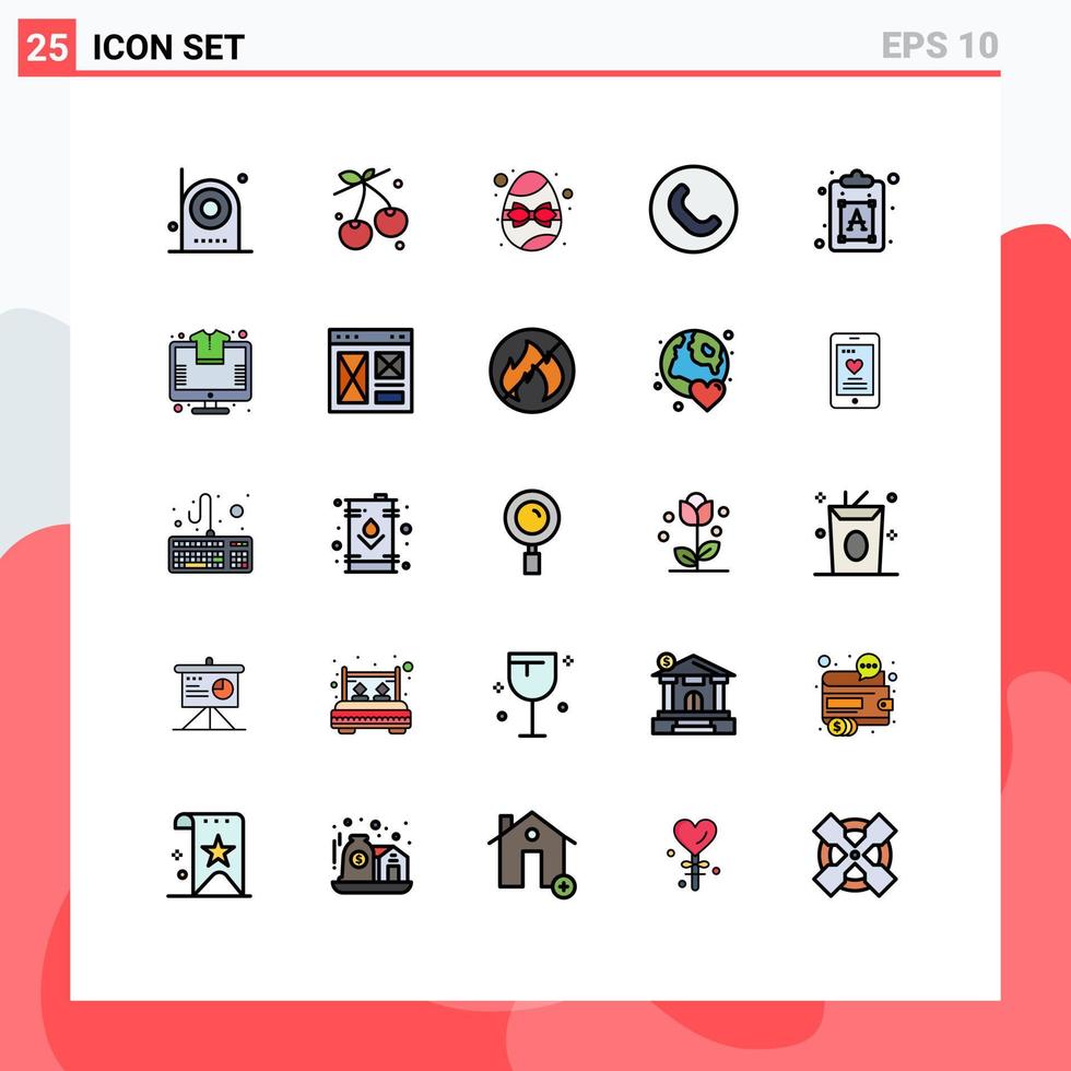 Gruppe von 25 gefüllten flachen Farbzeichen und Symbolen für Prozesstelefon-Federhörer-Ei editierbare Vektordesign-Elemente vektor