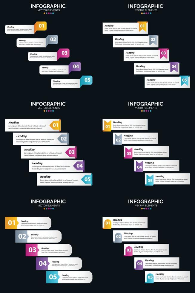 Vektor 6 Infografiken Pack Präsentationsfolie Vorlage 5 Schritte Zyklusdiagramme und Zeitleisten