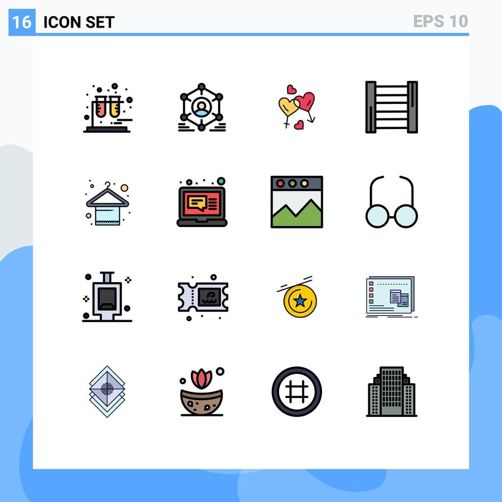 Piktogrammsatz aus 16 einfachen, flachen, farbgefüllten Linien von Aufhängerwerkzeugen, Herzleiter, Valentinstag, bearbeitbare kreative Vektordesign-Elemente vektor