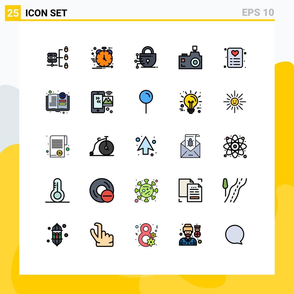 användare gränssnitt packa av 25 grundläggande fylld linje platt färger av kärlek fotografi digital fotograf blixt kamera redigerbar vektor design element