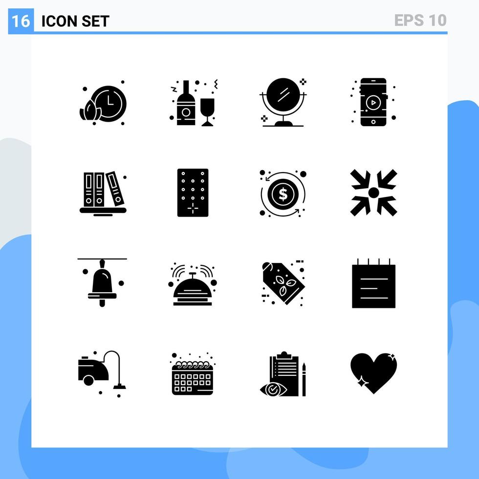 16 solides Glyphenkonzept für Websites, Handys und Apps, Bibliotheksbücher, Spiegel zurück zu Schulfilmen, editierbare Vektordesign-Elemente vektor