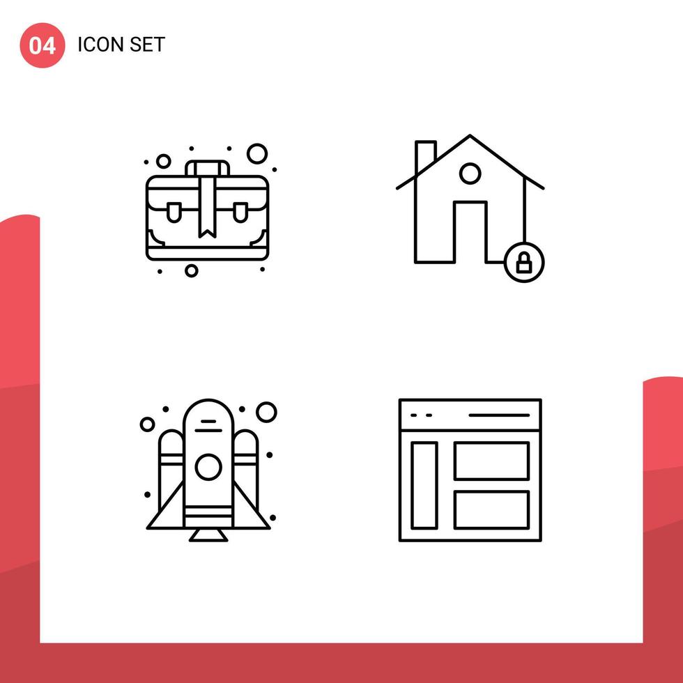 modern uppsättning av 4 fylld linje platt färger pictograph av väska raket fall hus börja redigerbar vektor design element