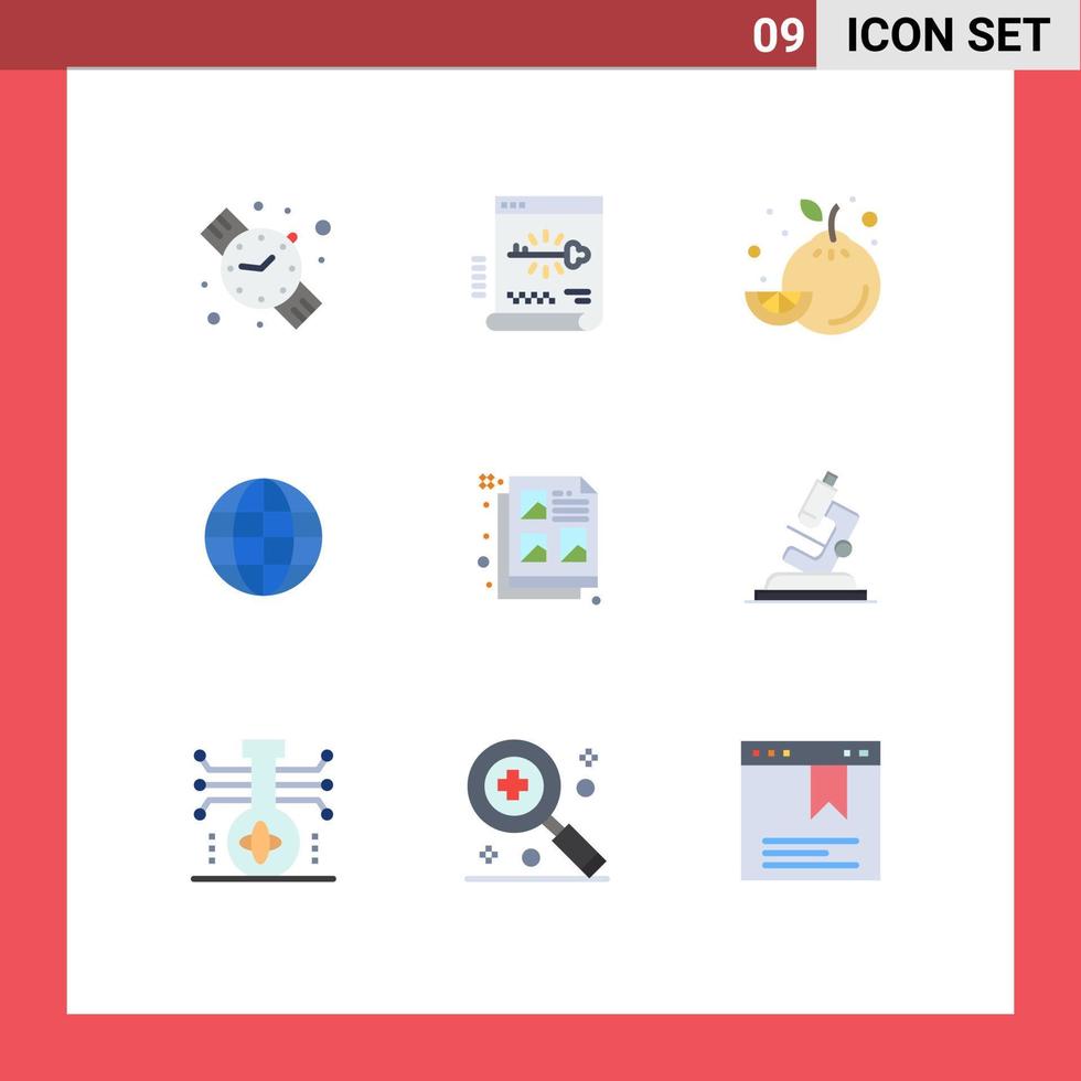 moderner satz von 9 flachen farben piktogramm von dokument kreativen lebensmitteln internet-globus editierbare vektordesignelemente vektor