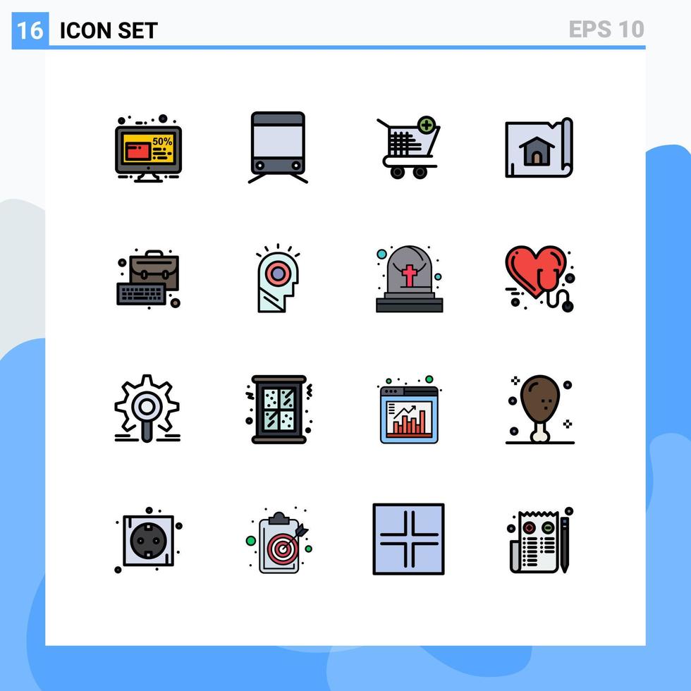 moderner Satz von 16 flachen, farbgefüllten Linien und Symbolen wie Taschenhauskarrenkarten, die editierbare kreative Vektordesignelemente erstellen vektor