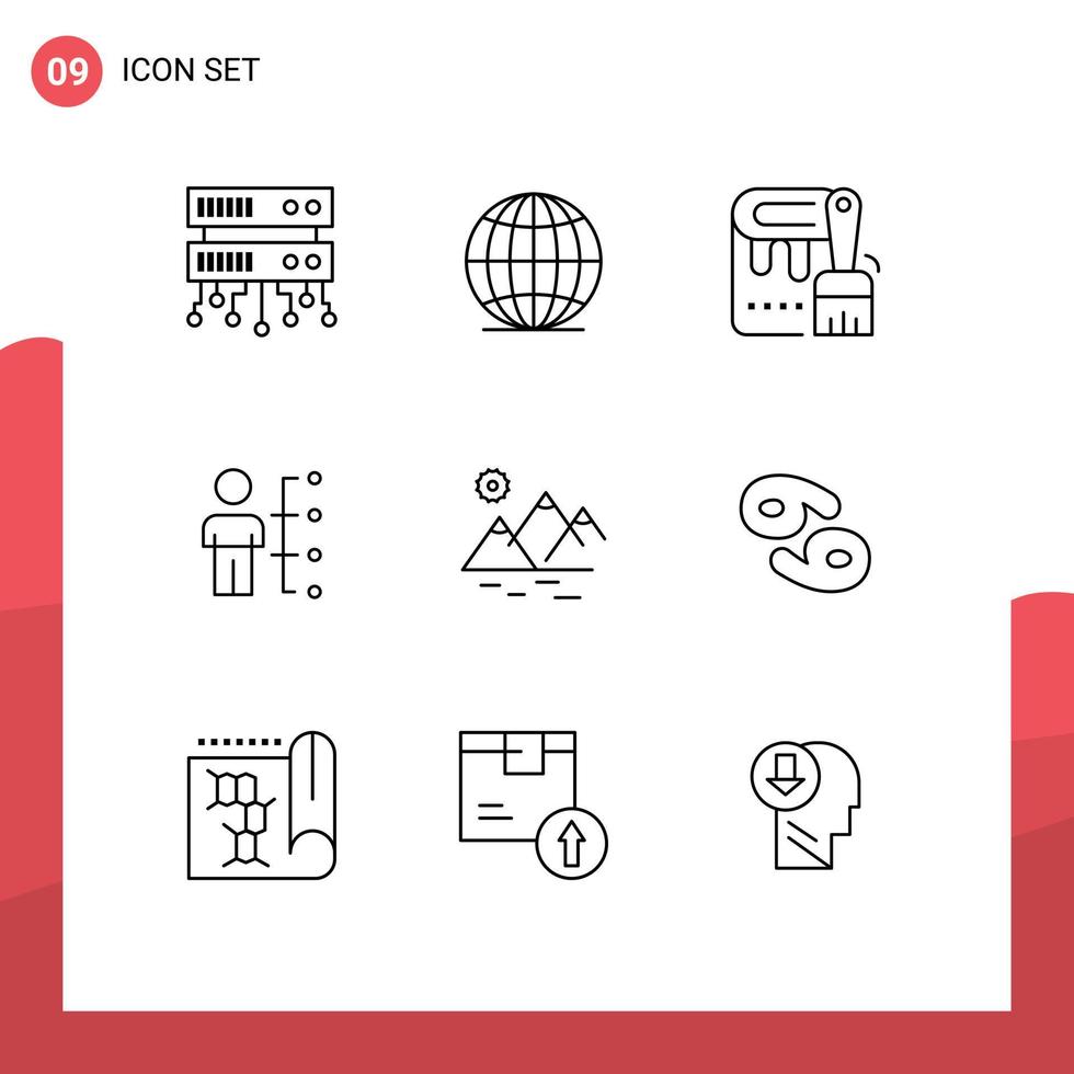 Stock Vector Icon Pack mit 9 Zeilen Zeichen und Symbolen für Bergmenschen malen Mann Mitarbeiter editierbare Vektordesign-Elemente