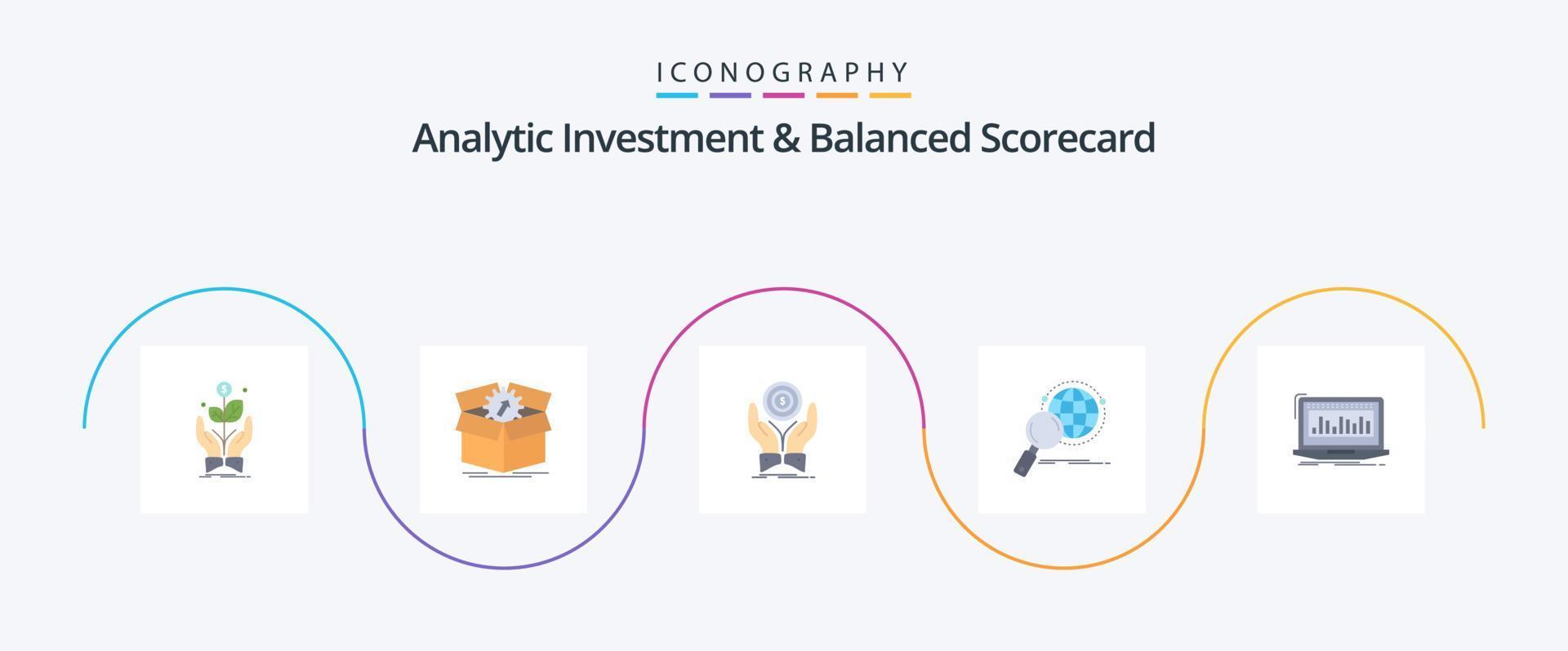 Analytische Investition und Balanced Scorecard Flat 5 Icon Pack inklusive Lupe. global. Fortschritt. Einkommen. Stapel vektor