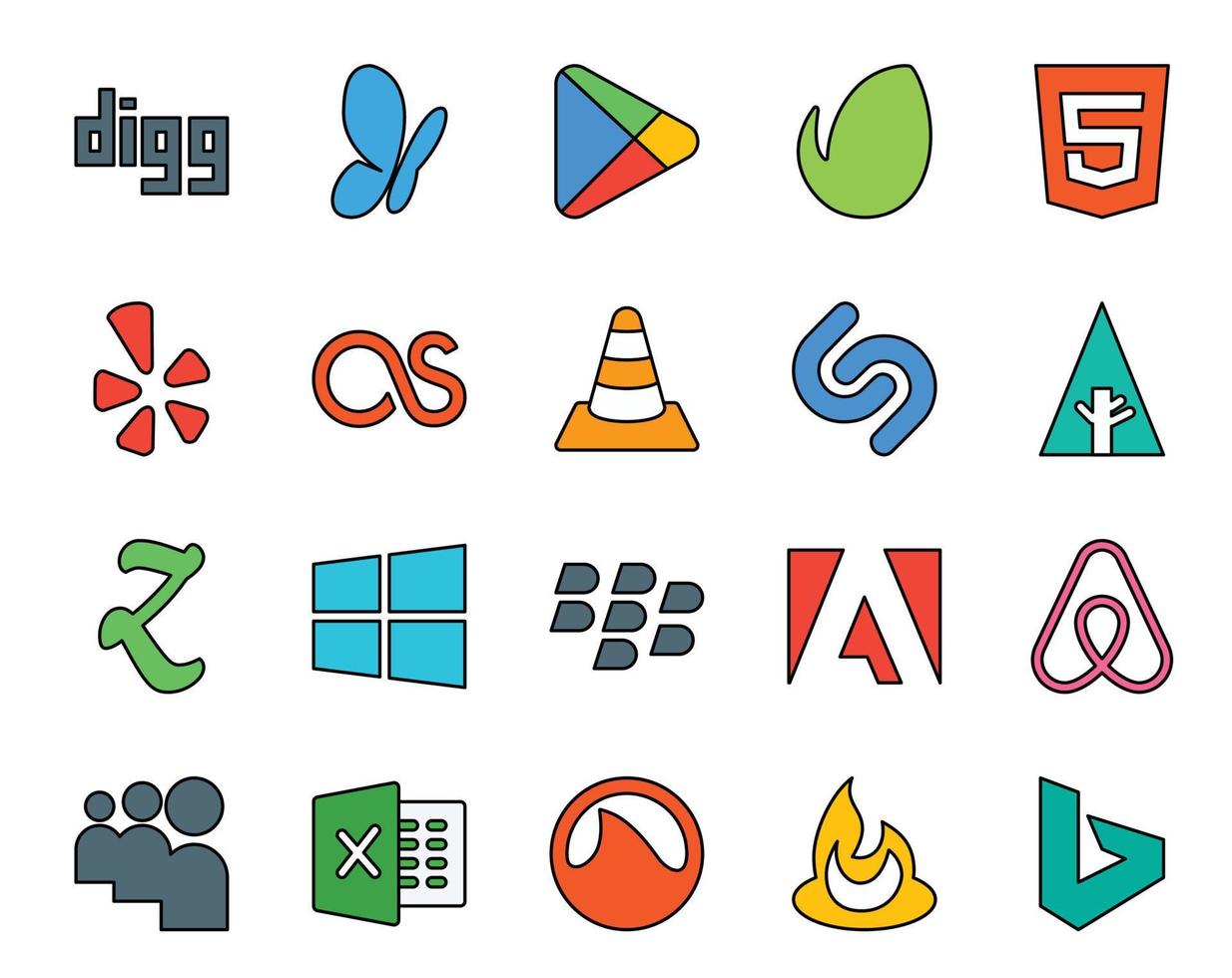 20 Social Media Icon Pack inklusive Air BNB Blackberry VLC Windows Forrst vektor