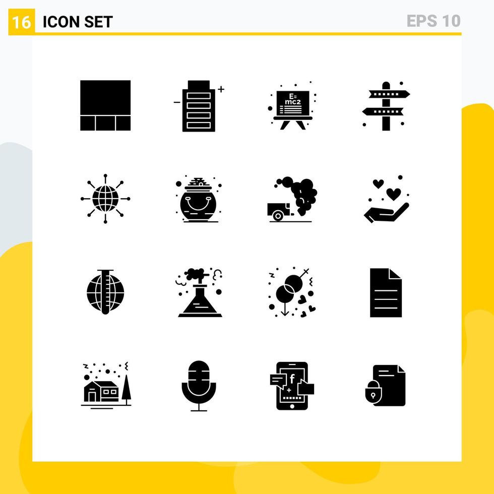 mobil gränssnitt fast glyf uppsättning av 16 piktogram av jord klot formel ansluta spel redigerbar vektor design element