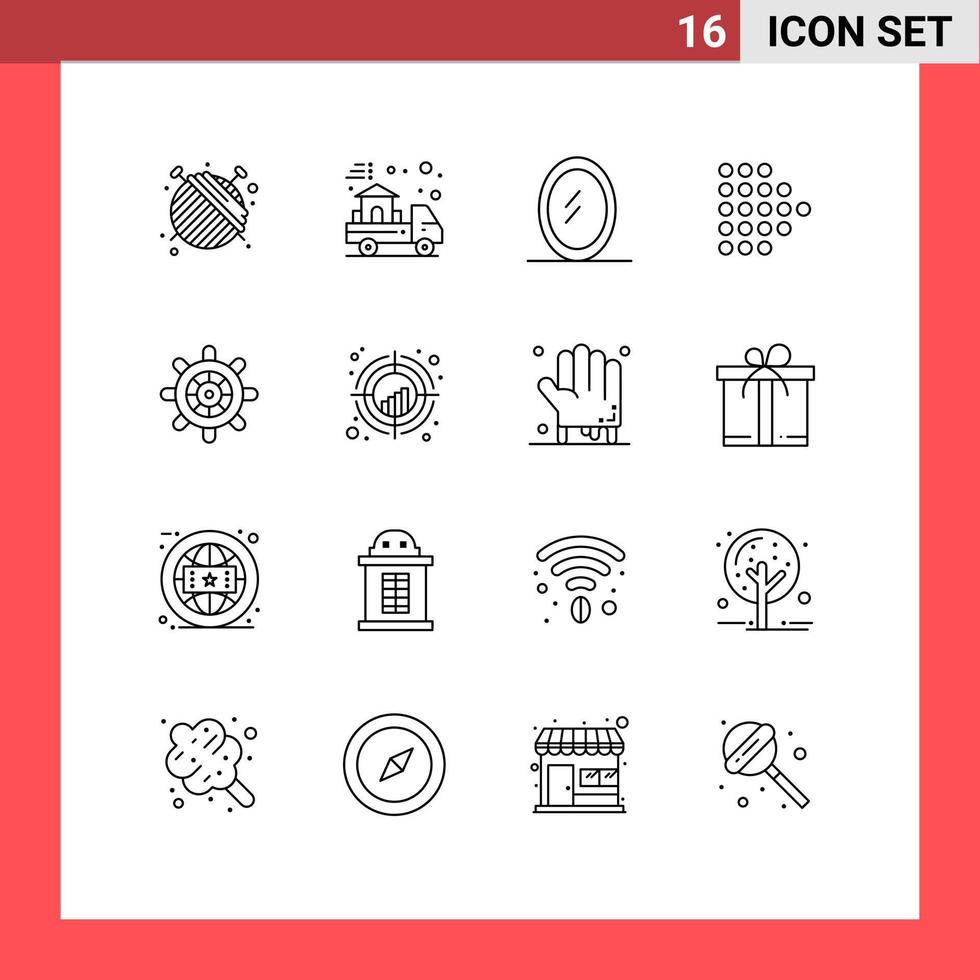 Stock Vector Icon Pack mit 16 Linienzeichen und Symbolen für Fadenkreuzrad-Innenraumschiff gepunktete editierbare Vektordesign-Elemente