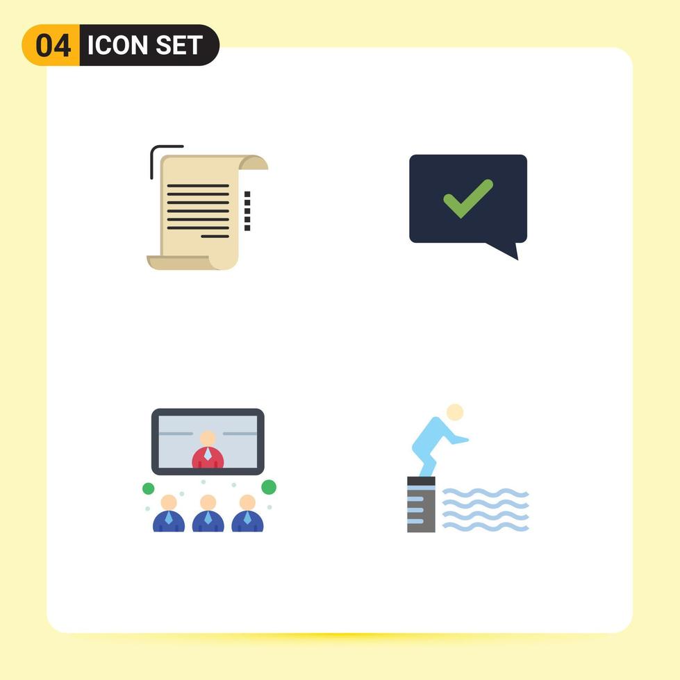 Gruppe von 4 modernen flachen Symbolen, die für Dokumentanrufpapier-Chat festgelegt wurden, genehmigen Meetings editierbare Vektordesign-Elemente vektor