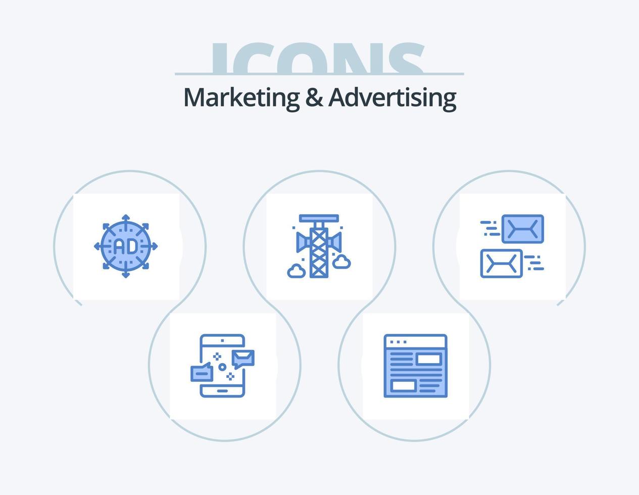 Marketing und Werbung blau Icon Pack 5 Icon Design. Kommunikation. Bekanntmachung. Layout. Marketing. Pfeil vektor