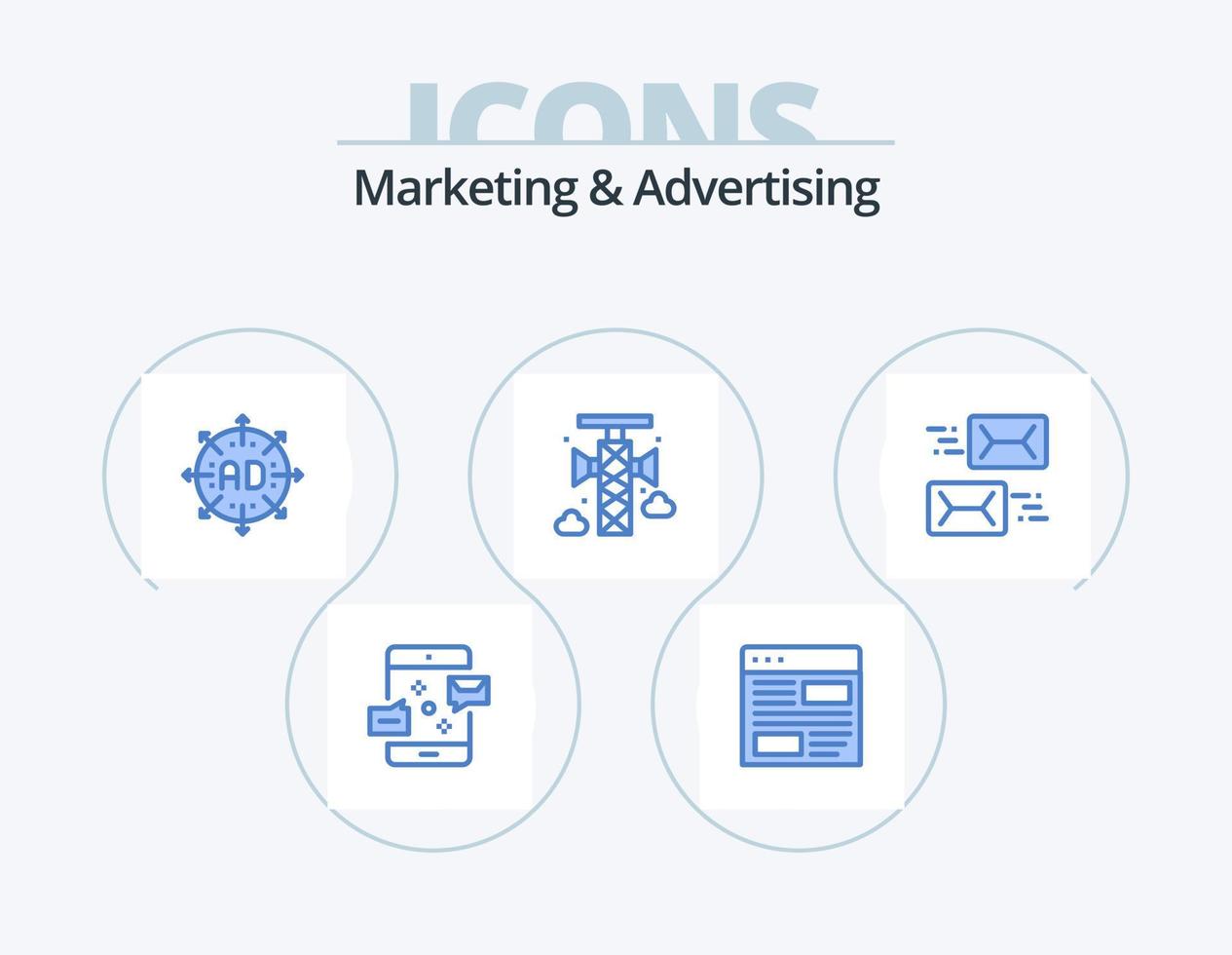 marknadsföring och reklam blå ikon packa 5 ikon design. kommunikation. meddelande. layout. marknadsföring. pil vektor