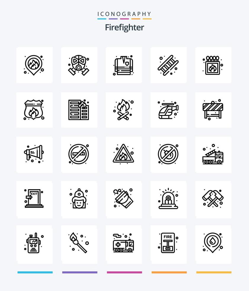 kreativ brandman 25 översikt ikon packa sådan som match. camping. brand stridande täcka. trappsteg. jobb vektor