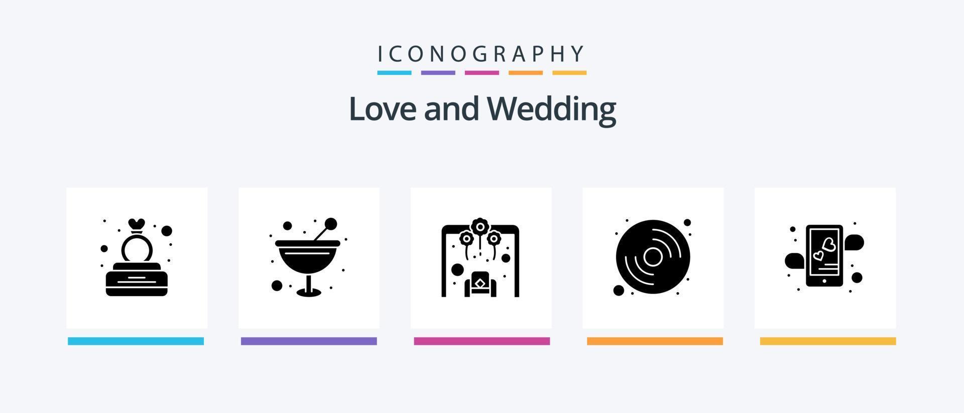 Hochzeit Glyphe 5 Icon Pack inklusive App. Musik. Cocktail. Unterhaltung. Sitzbereich. kreatives Symboldesign vektor