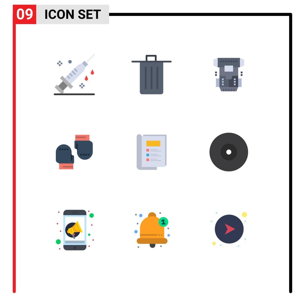 grupp av 9 platt färger tecken och symboler för skyddande handske skräp boxning kryoniker redigerbar vektor design element