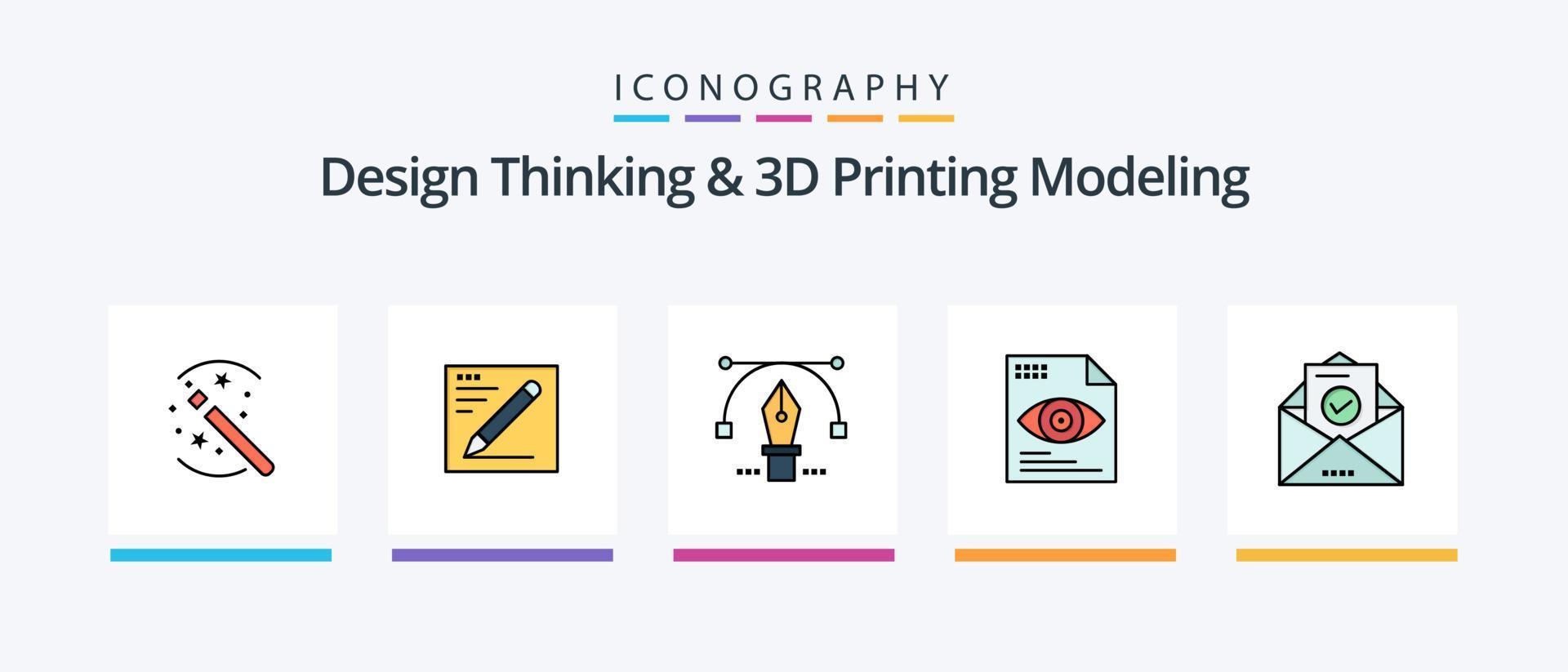 design tänkande och d utskrift modellering linje fylld 5 ikon packa Inklusive d modelleras. huvud. Glödlampa. penna . tjänster. kreativ ikoner design vektor