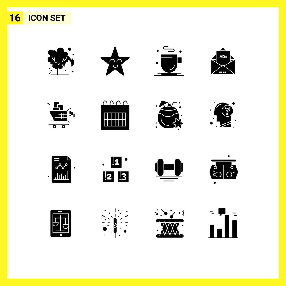 piktogram uppsättning av 16 enkel fast glyfer av seo vagn kopp post e-post redigerbar vektor design element