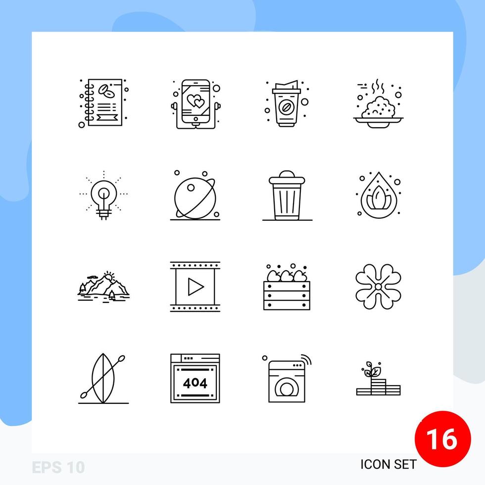 uppsättning av 16 vektor konturer på rutnät för Glödlampa gröt kaffe mat frukost redigerbar vektor design element