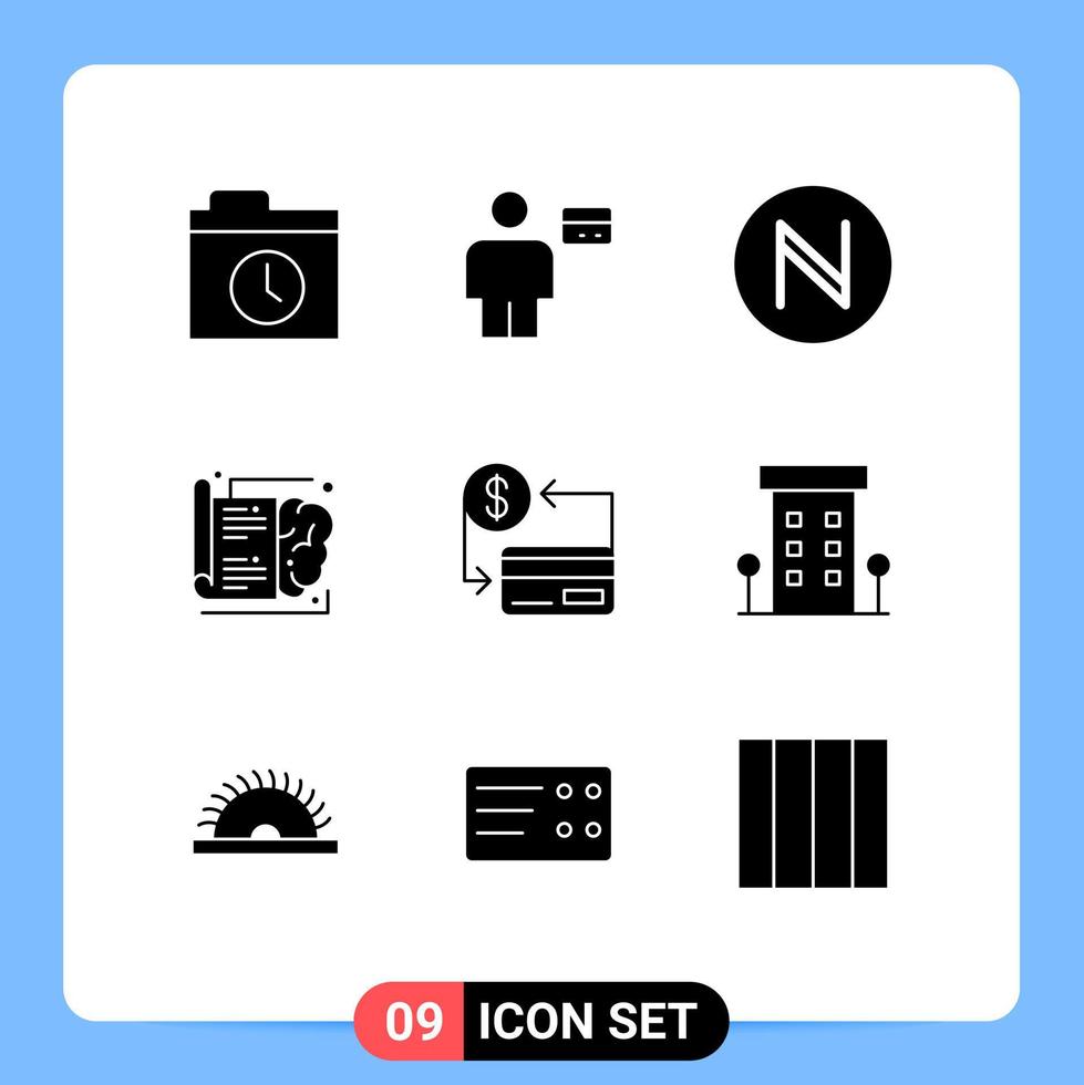 användare gränssnitt packa av 9 grundläggande fast glyfer av kontantlös kort blockchain inlärning hjärna redigerbar vektor design element