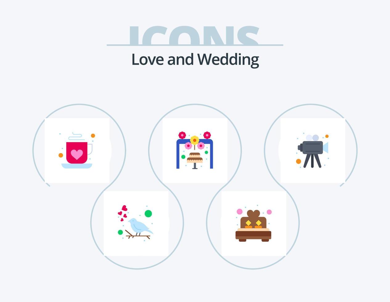Hochzeit flach Icon Pack 5 Icon Design. Video. Dekoration. Kaffee. Hochzeit. Kuchen vektor