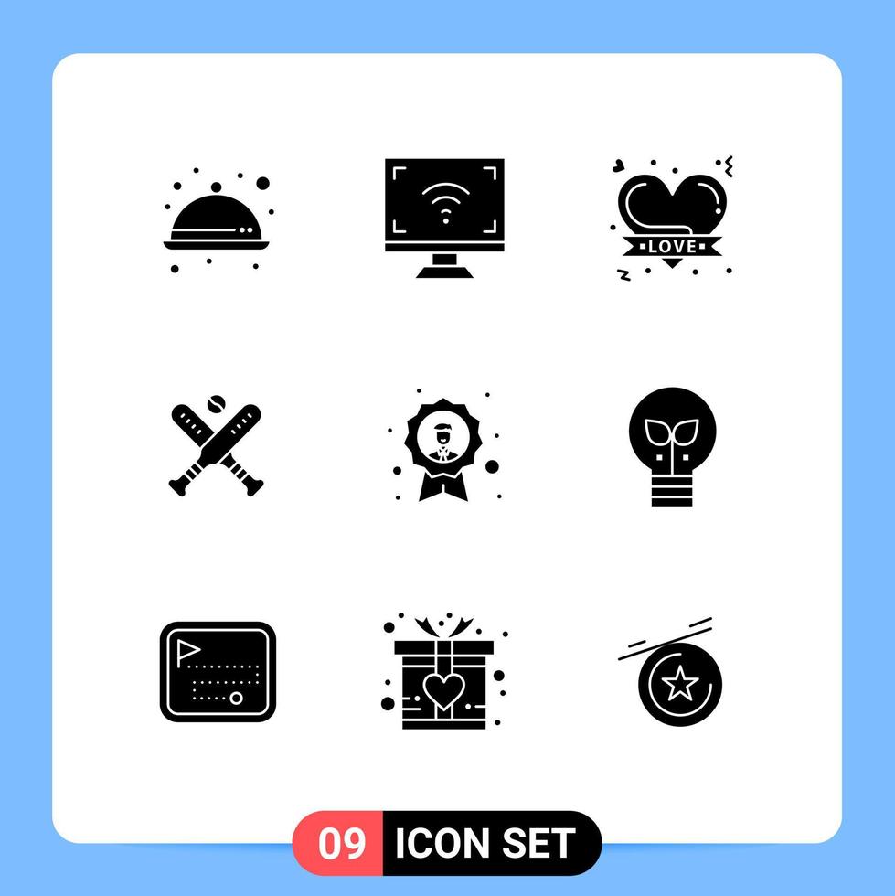 grupp av 9 modern fast glyfer uppsättning för prestation fladdermus TV baseboll romantisk hjärta redigerbar vektor design element