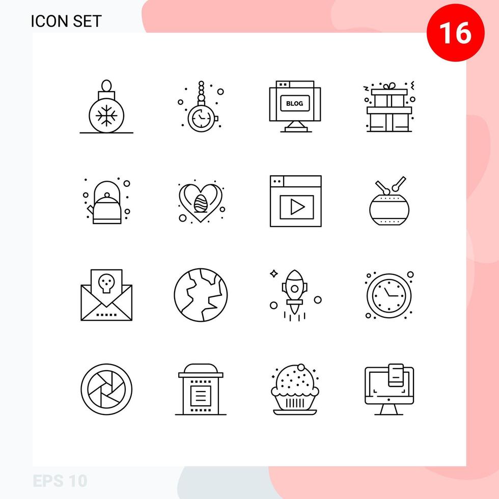 Piktogramm-Set mit 16 einfachen Umrissen von Topf vorhanden Uhr accessorize Geschenk schreiben bearbeitbare Vektordesign-Elemente vektor