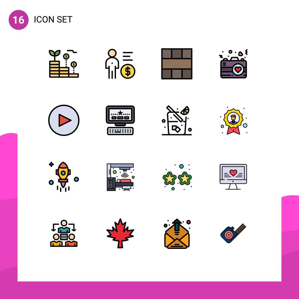 Gruppe von 16 flachen, farbgefüllten Linien Zeichen und Symbolen für Romantik Herz Person Kamera Layout editierbare kreative Vektordesign-Elemente vektor