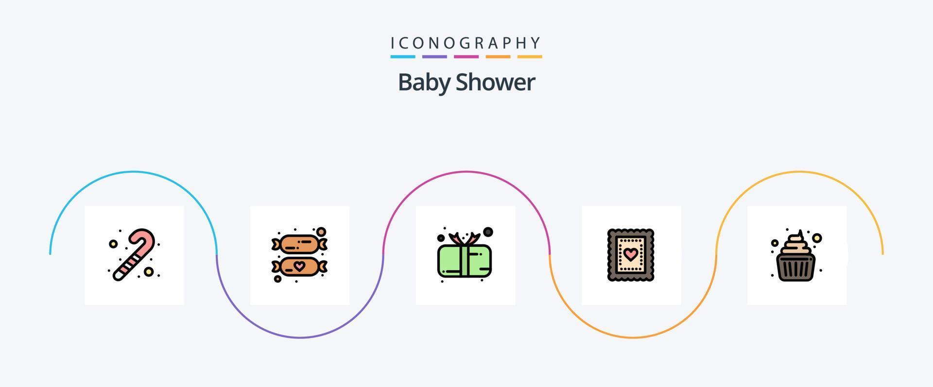 bebis dusch linje fylld platt 5 ikon packa Inklusive kaka. småbarn. bebis. mat. kex vektor