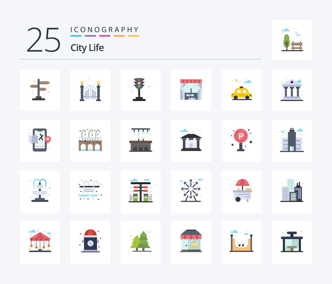Stadtleben 25 flaches Farbsymbolpaket einschließlich Leben. Wagen. Verkehr. Park. Fenster vektor