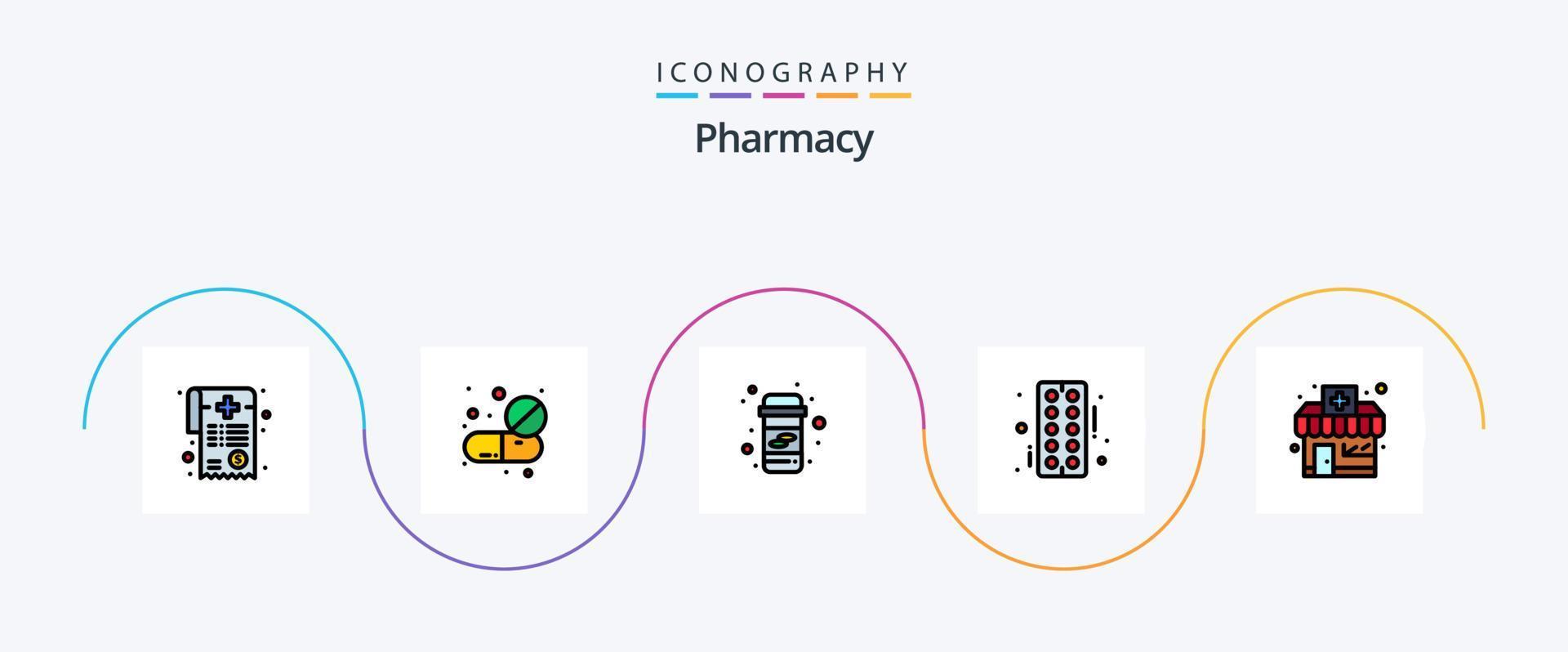 Apothekenlinie gefülltes flaches 5-Icon-Paket einschließlich Apotheke. Streifen. Tablette. Apotheke. Tabletten vektor