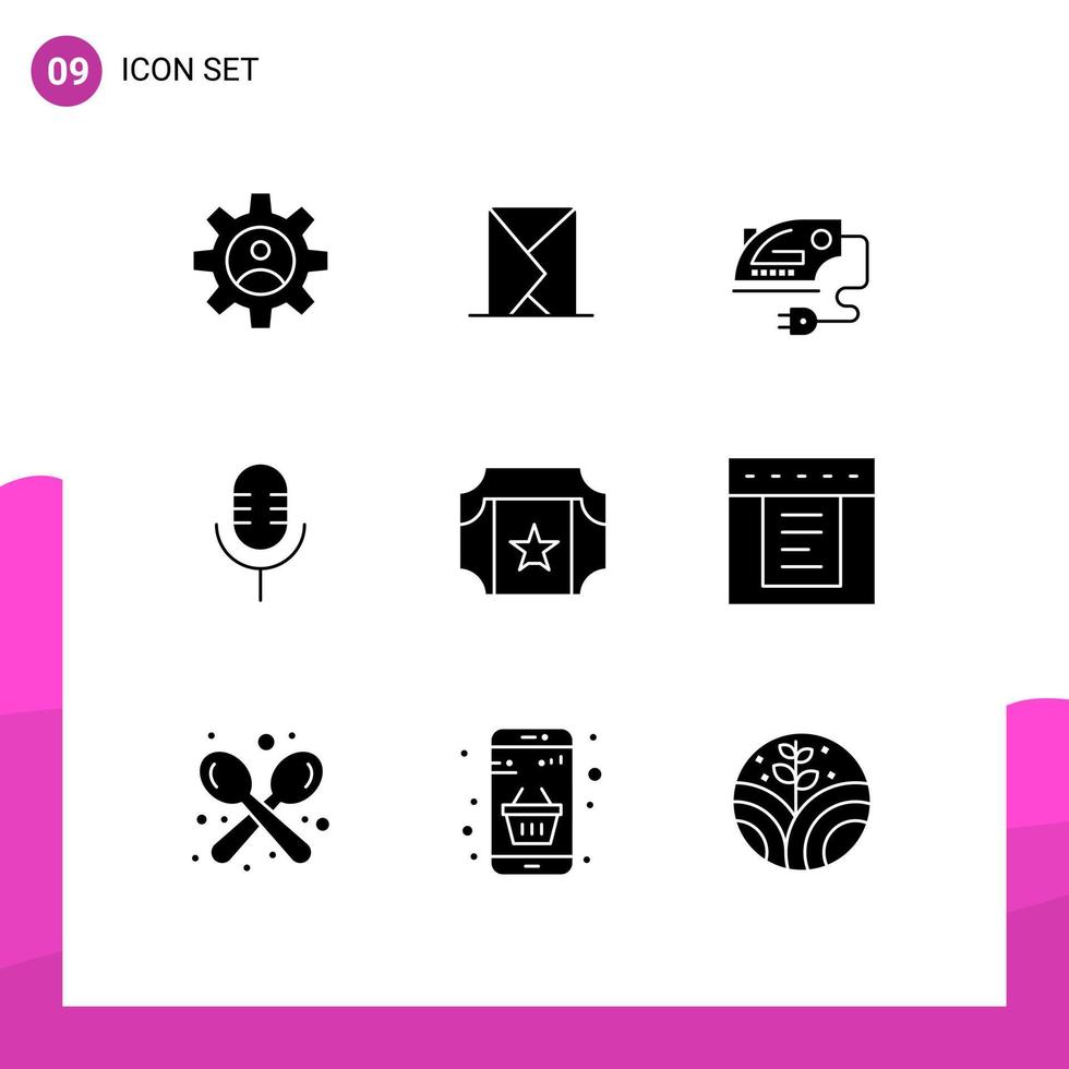 uppsättning av 9 vektor fast glyfer på rutnät för bio ljud skickade mikrofon maskin redigerbar vektor design element