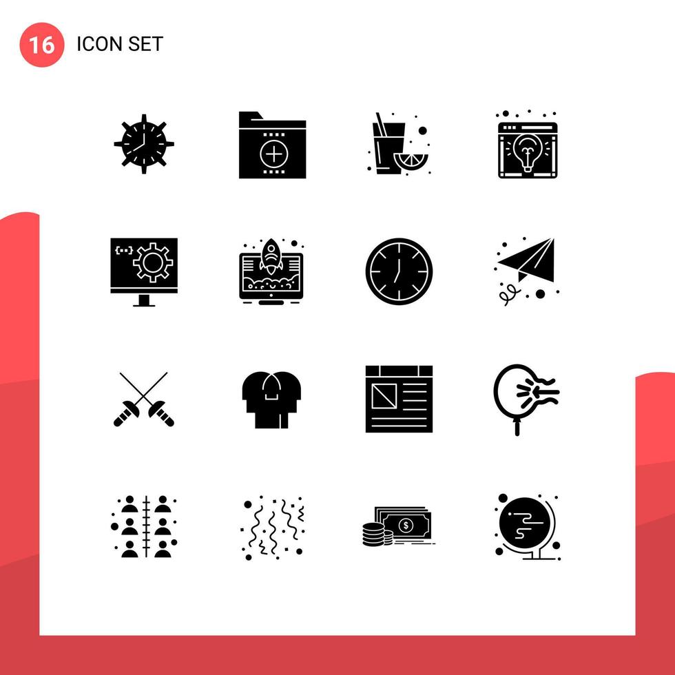 Stock Vector Icon Pack mit 16 Zeilenzeichen und Symbolen für Ideenbrowser-Dokumente Orangenfrucht editierbare Vektordesign-Elemente