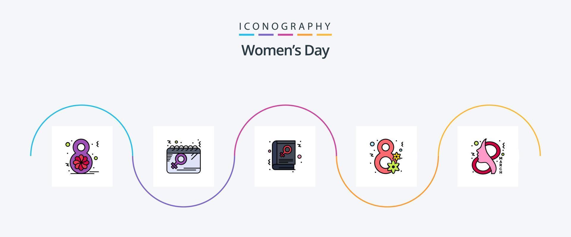 Womens Day Line gefüllt Flat 5 Icon Pack inklusive ay. Geschenk. Frauen. Blume. Zeichen vektor