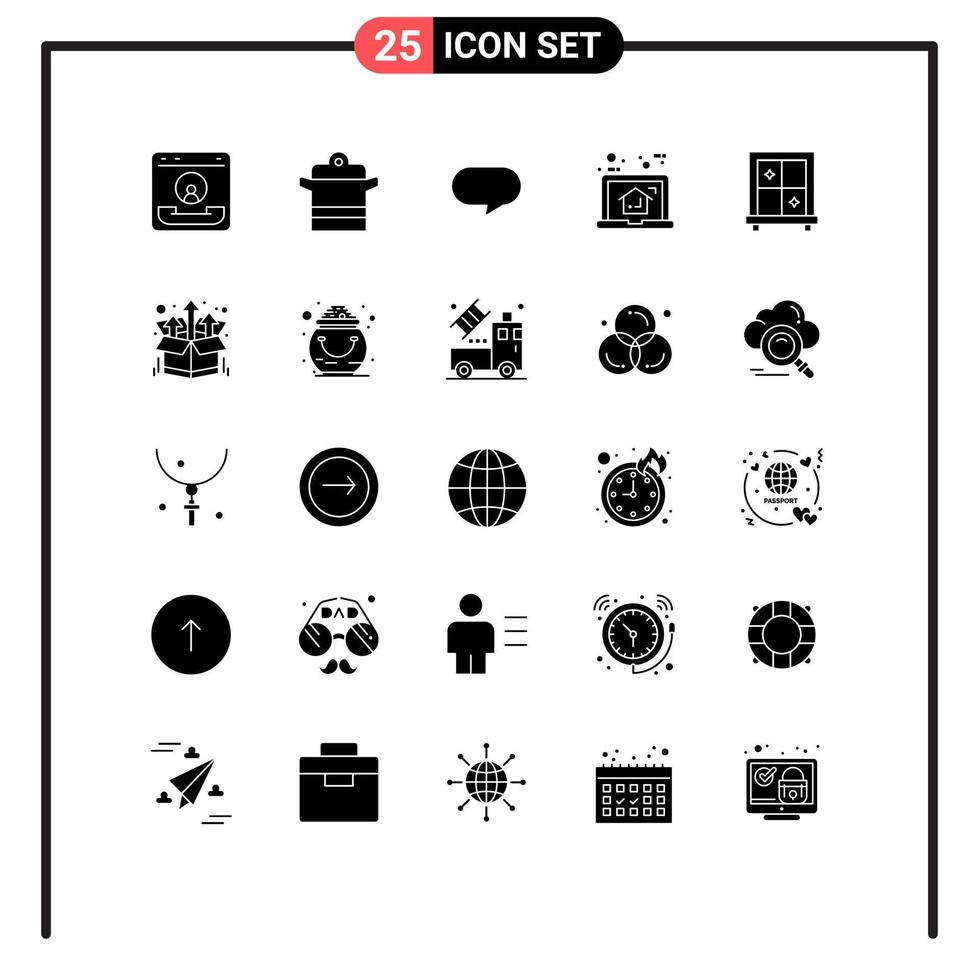 Stock Vector Icon Pack mit 25 Zeilen Zeichen und Symbolen für Immobilien Laptop Pan House im Chat editierbare Vektordesign-Elemente