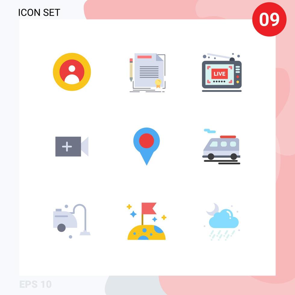 grupp av 9 modern platt färger uppsättning för plats kamera dokumentera video visa redigerbar vektor design element