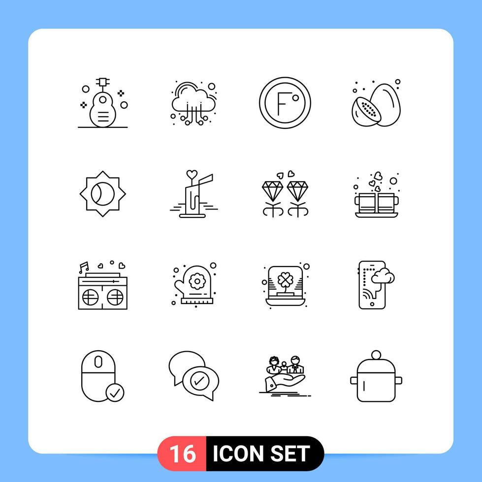 moderner Satz von 16 Umrissen und Symbolen wie Kiwi-Fruchtnetz-Nahrungsmitteltemperatur editierbare Vektordesign-Elemente vektor