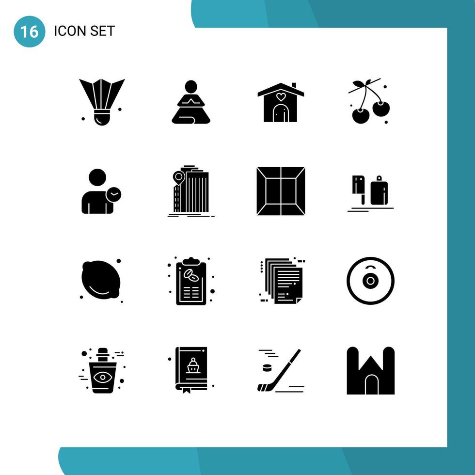 16 universell fast glyfer uppsättning för webb och mobil tillämpningar man mat yoga körsbär bröllop redigerbar vektor design element