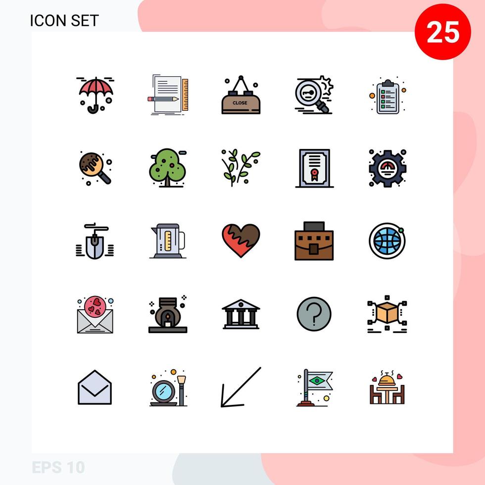 mobil gränssnitt fylld linje platt Färg uppsättning av 25 piktogram av kolla upp lista säkra dryck forskning nyckel redigerbar vektor design element